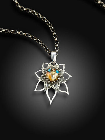 BEAUTIFUL COLOR MOJAVE TURQUOISE sterling silver flower mandala necklace