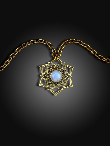 intricate brass flower mandala necklace with moonstone