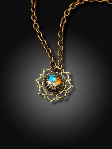 brass flower mandala necklace with Mojave turquoise