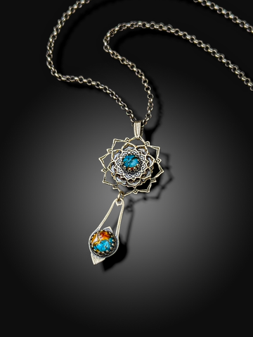 STUNNING COLOR SPECTRUM MOJAVE TURQUOISE sterling silver flower mandala necklace