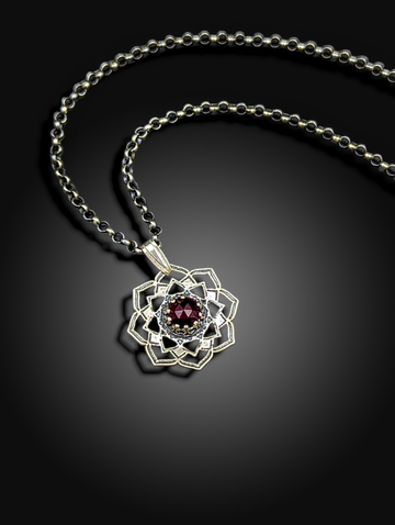 sterling silver flower mandala necklace with garnet