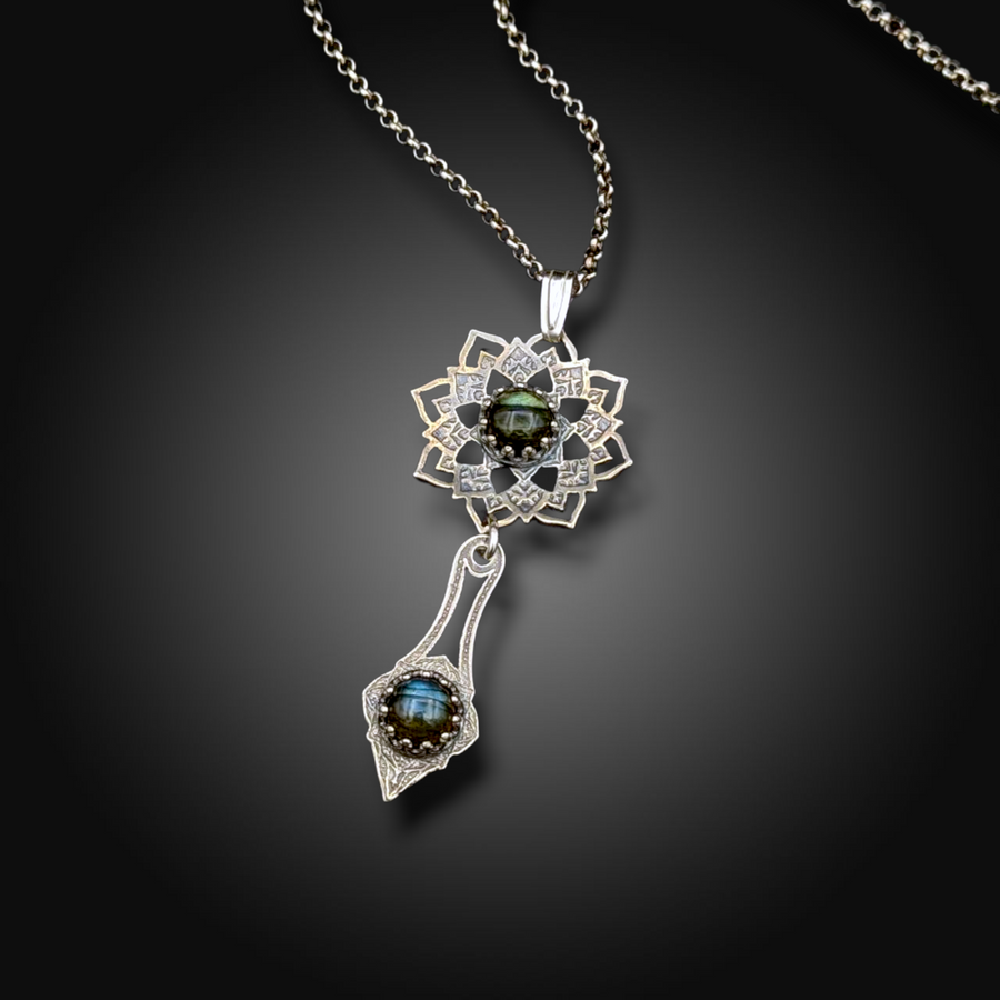 AURORA DESCENT: Double Labradorite Necklace in Hand-Etched Sterling Silver