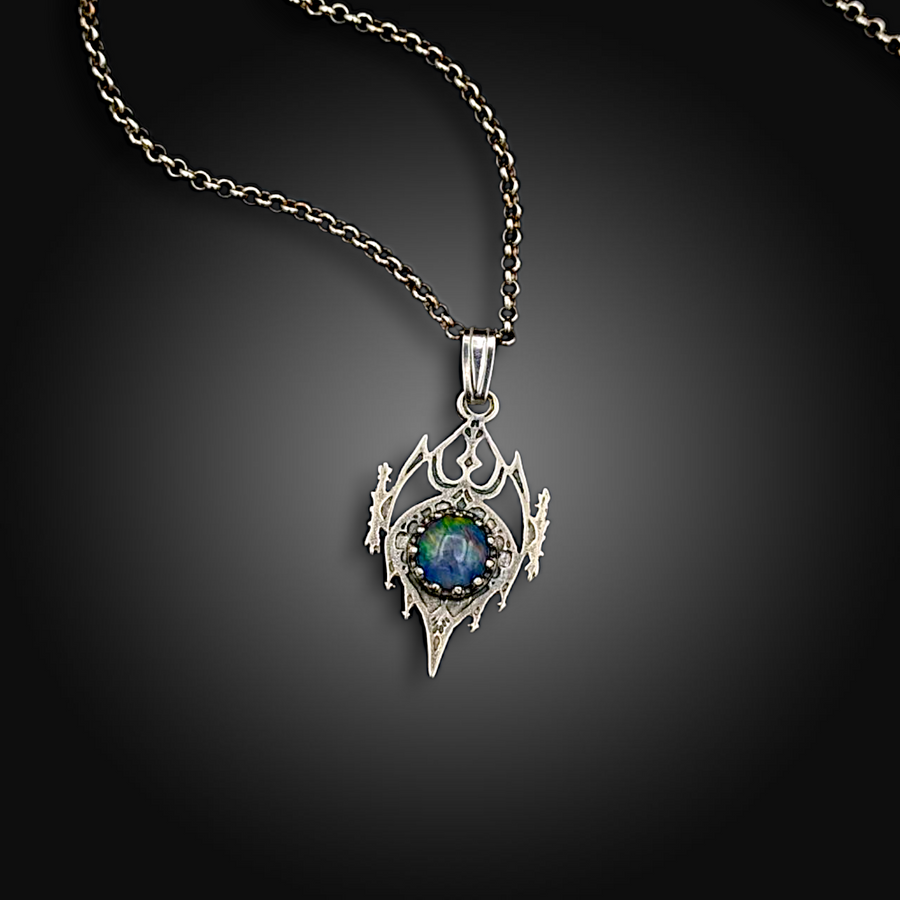 TWILIGHT KNIGHT: Hand-Etched Sterling Pendant with Australian Opal