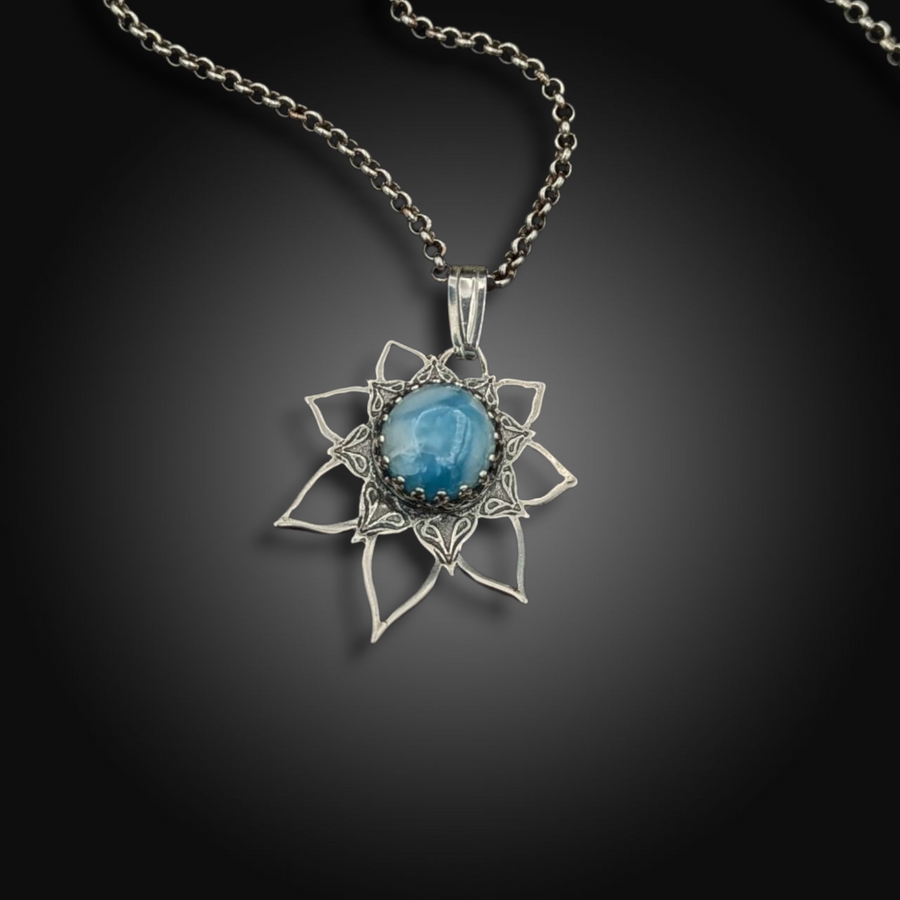 OCEANBORNE: Hand-Etched Sterling Silver Pendant with Larimar