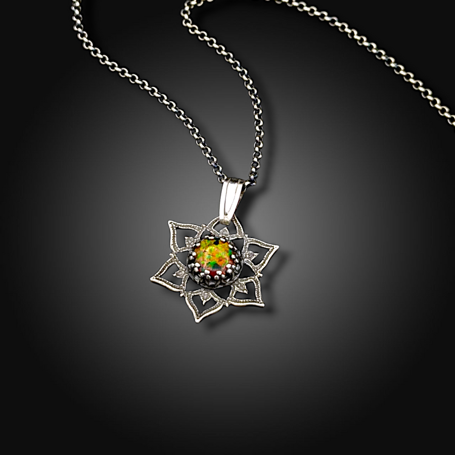 WILD EMBER: Hand-Etched Sterling Pendant with Mexican Fire Opal