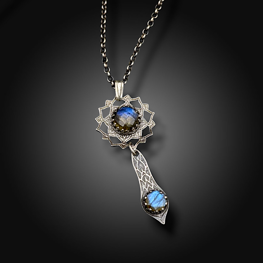 BLUE ECLIPSE: Hand-Etched Sterling Pendant with Dual Labradorite Stones