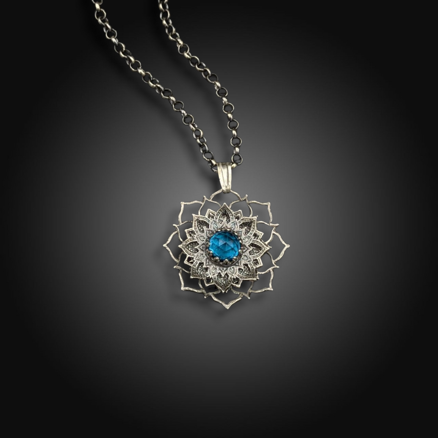 TURNING TIDES: Hand-Etched Sterling Spinner Necklace with Teal Tourmaline