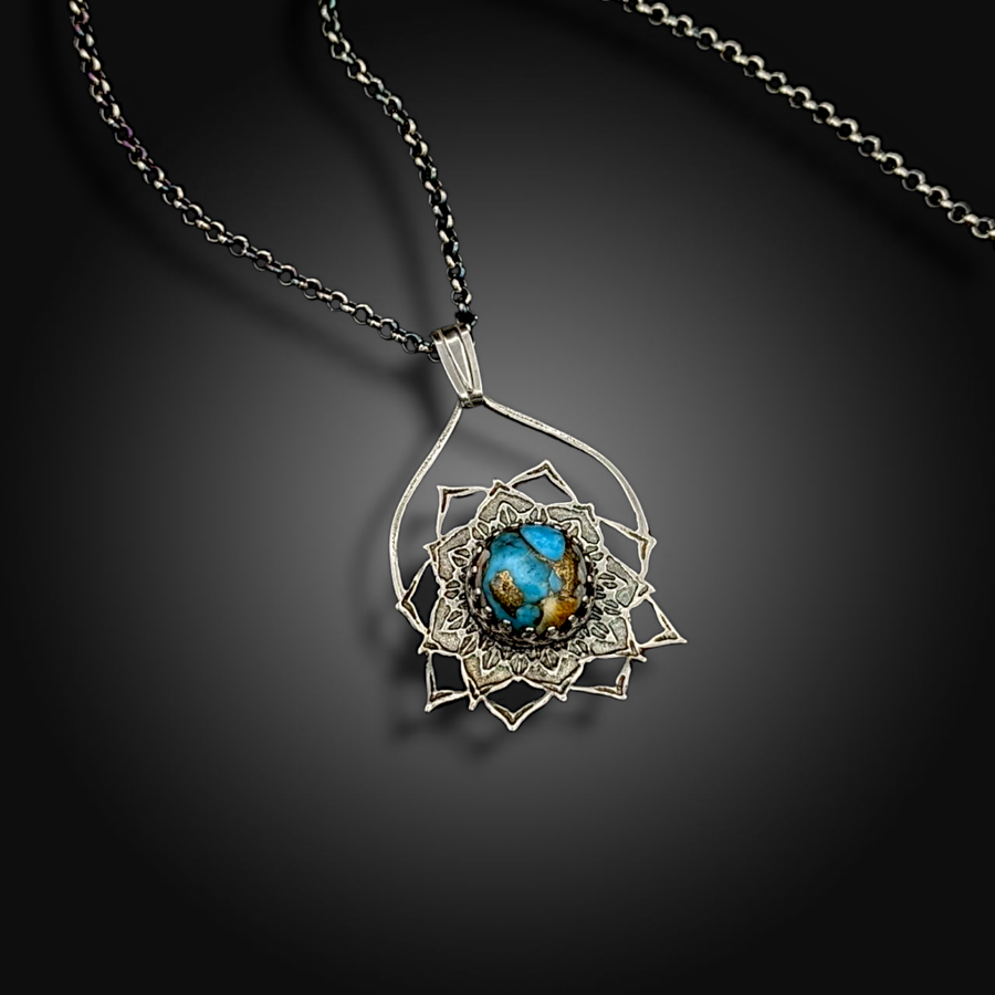 COPPER SKY: Hand-Etched Sterling Silver Necklace with Mojave Turquoise