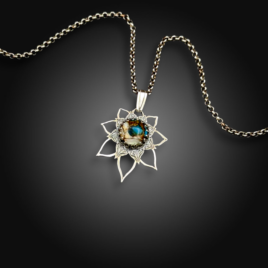 DESERT MESA: Hand-Etched Sterling Silver Necklace with Mojave Turquoise