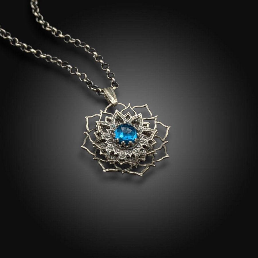 TURNING TIDES: Hand-Etched Sterling Spinner Necklace with Teal Tourmaline