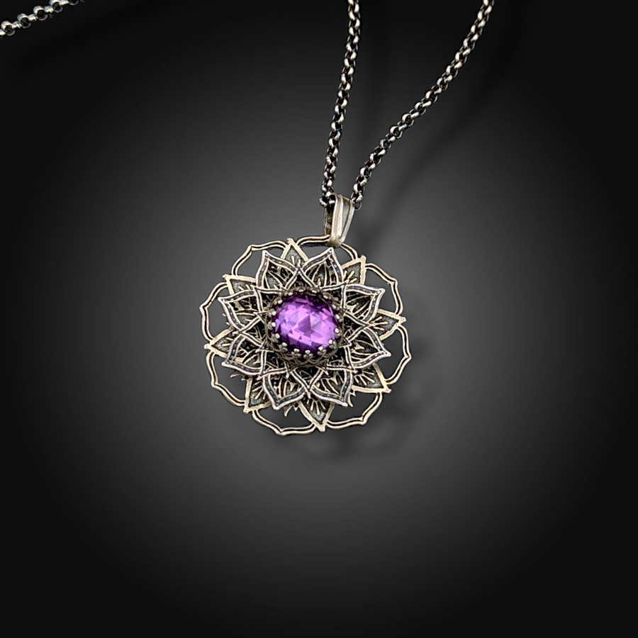 VIOLET ORBIT: Sterling Silver Spinner Necklace with African Amethyst