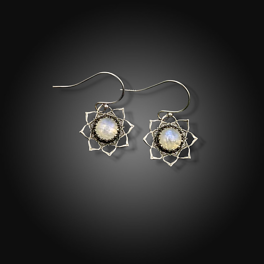 LUNARIA: Hand-Etched Sterling Silver Earrings with Rainbow Moonstone