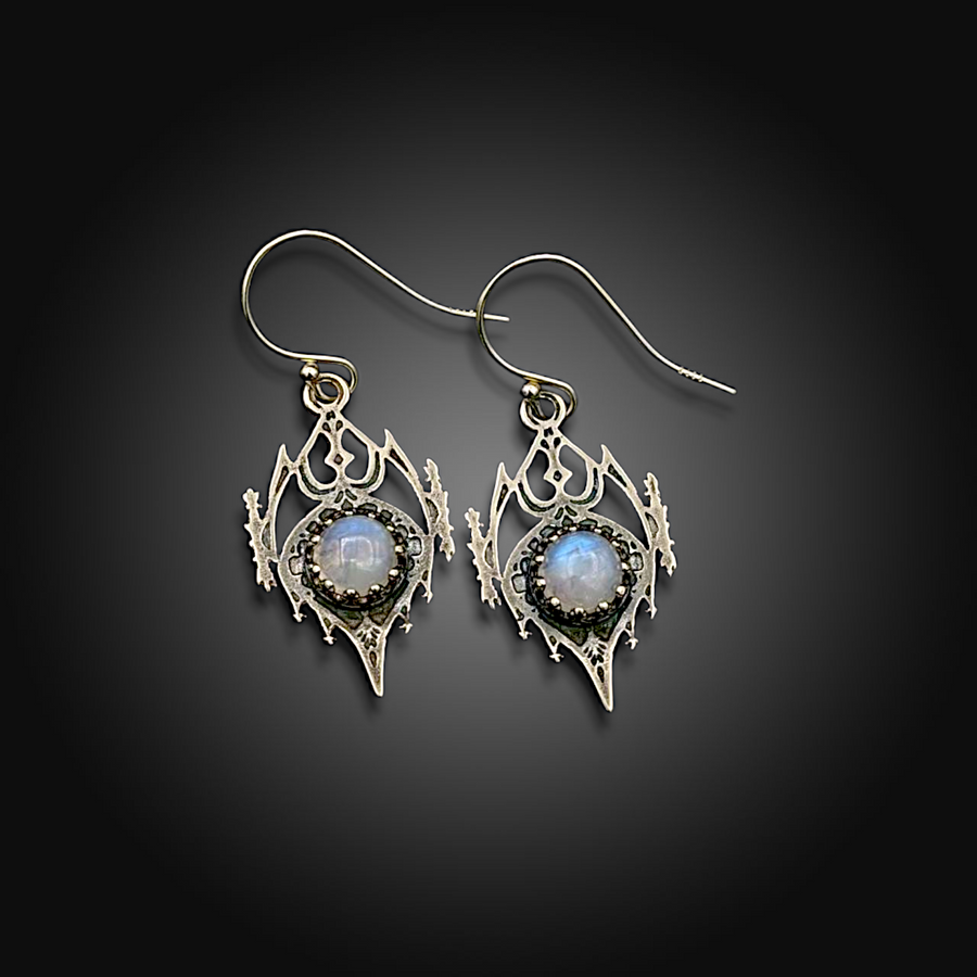 CELESTIAL KNIGHT: Etched Sterling Silver & Moonstone Earrings