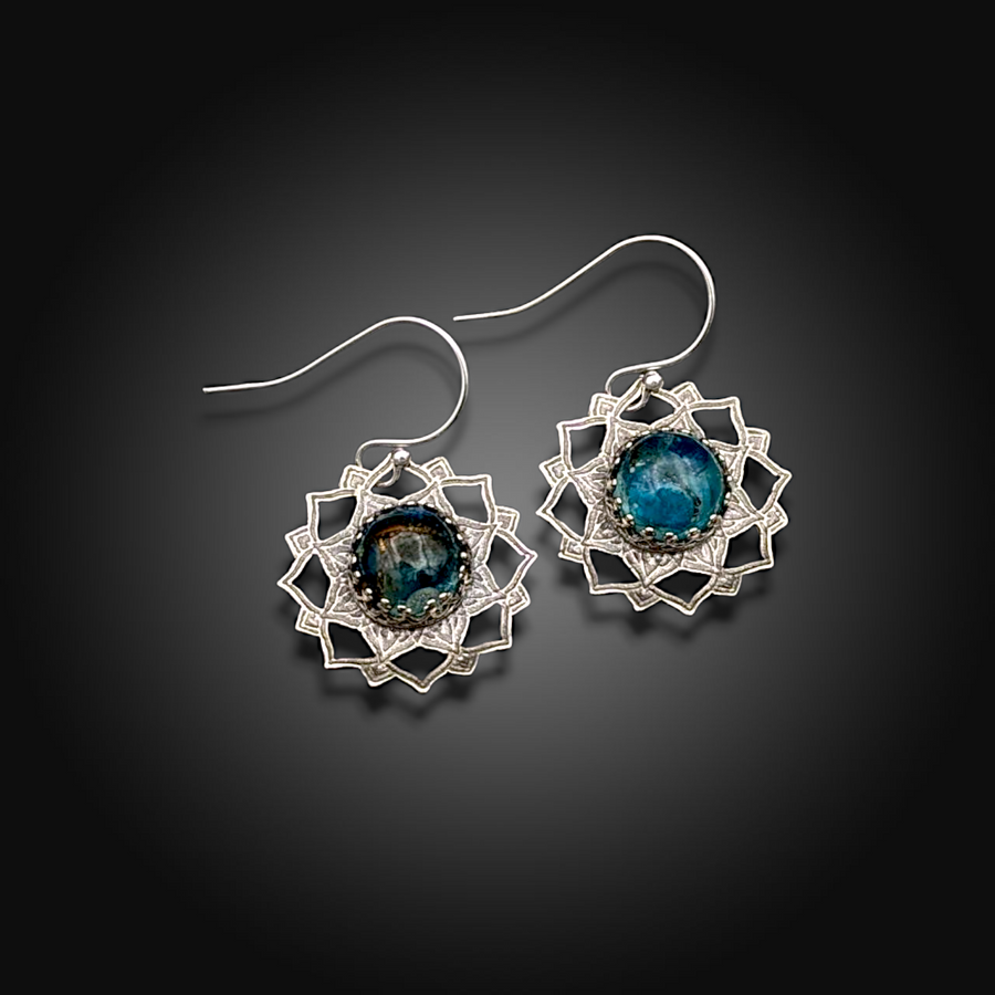 SIREN SONG: Hand-Etched Sterling Silver Mandala Earrings with Blue Apatite