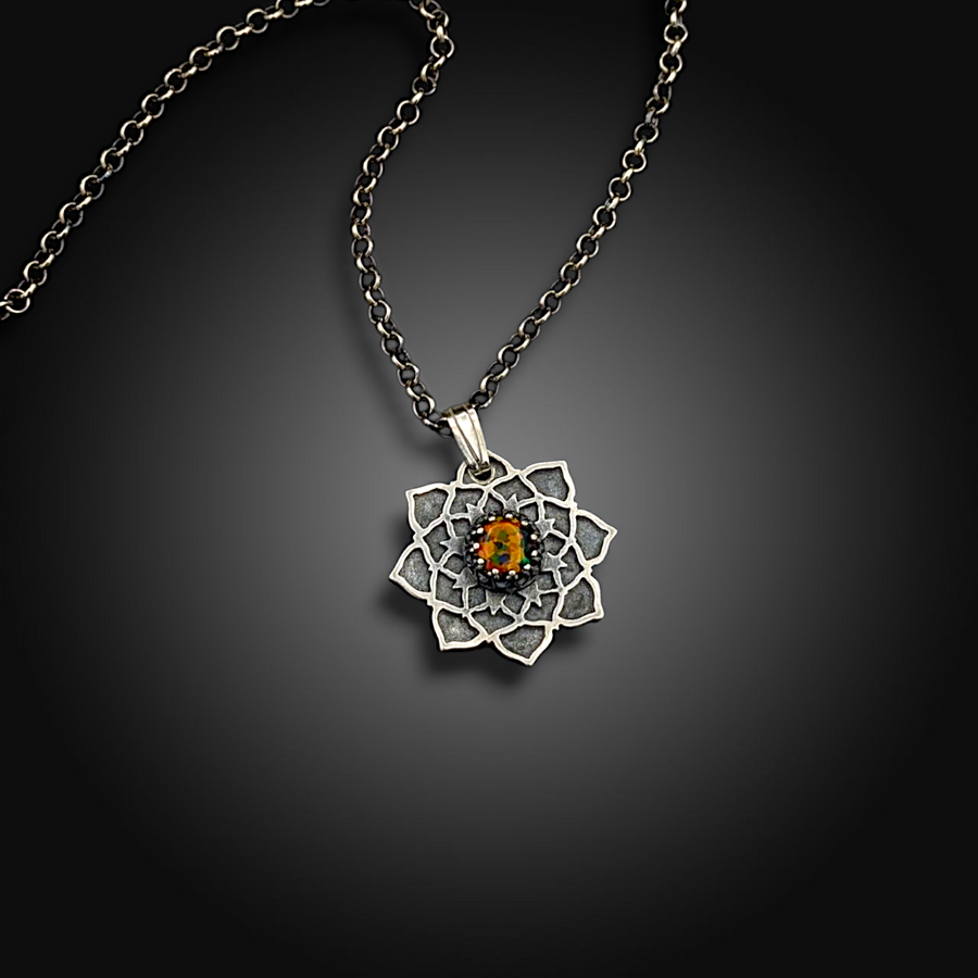SHADOW FLAME: Hand-Etched Sterling Silver Pendant with Mexican Fire Opal