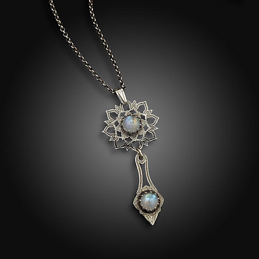 CELESTIAL DROP: Hand-Etched Sterling Silver Necklace with Rainbow Moonstone
