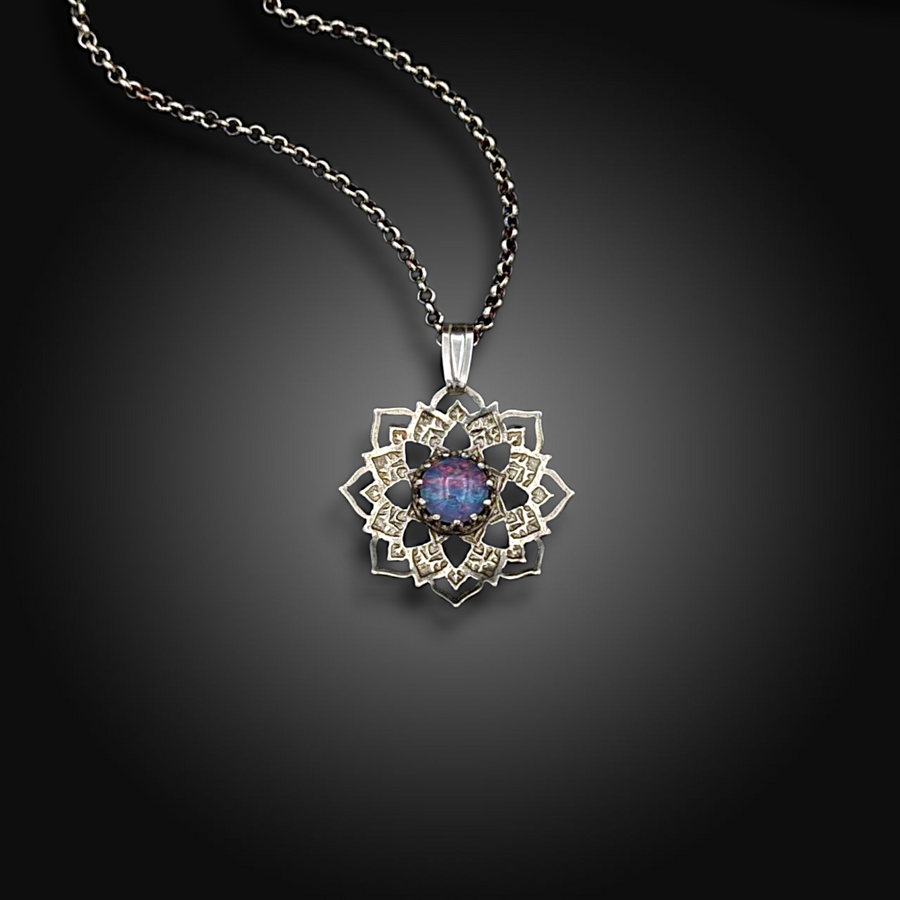 QUIET COSMOS: Hand-Etched Sterling Silver Pendant with Australian Opal