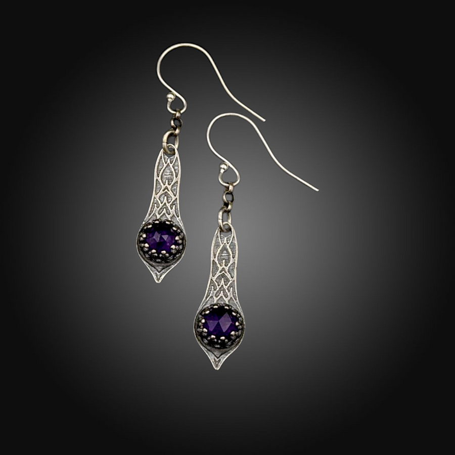 TWILIGHT VINE: Hand-Etched Sterling Silver Earrings with African Amethyst