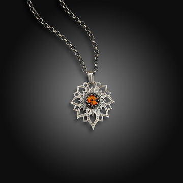 SUNFLARE: Hand-Etched Sterling Pendant with Mexican Fire Opal