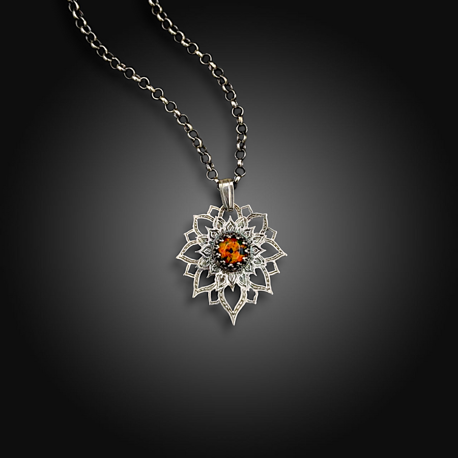 SUNFLARE: Hand-Etched Sterling Pendant with Mexican Fire Opal