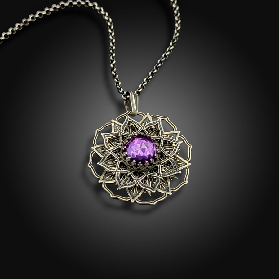 VIOLET ORBIT: Sterling Silver Spinner Necklace with African Amethyst