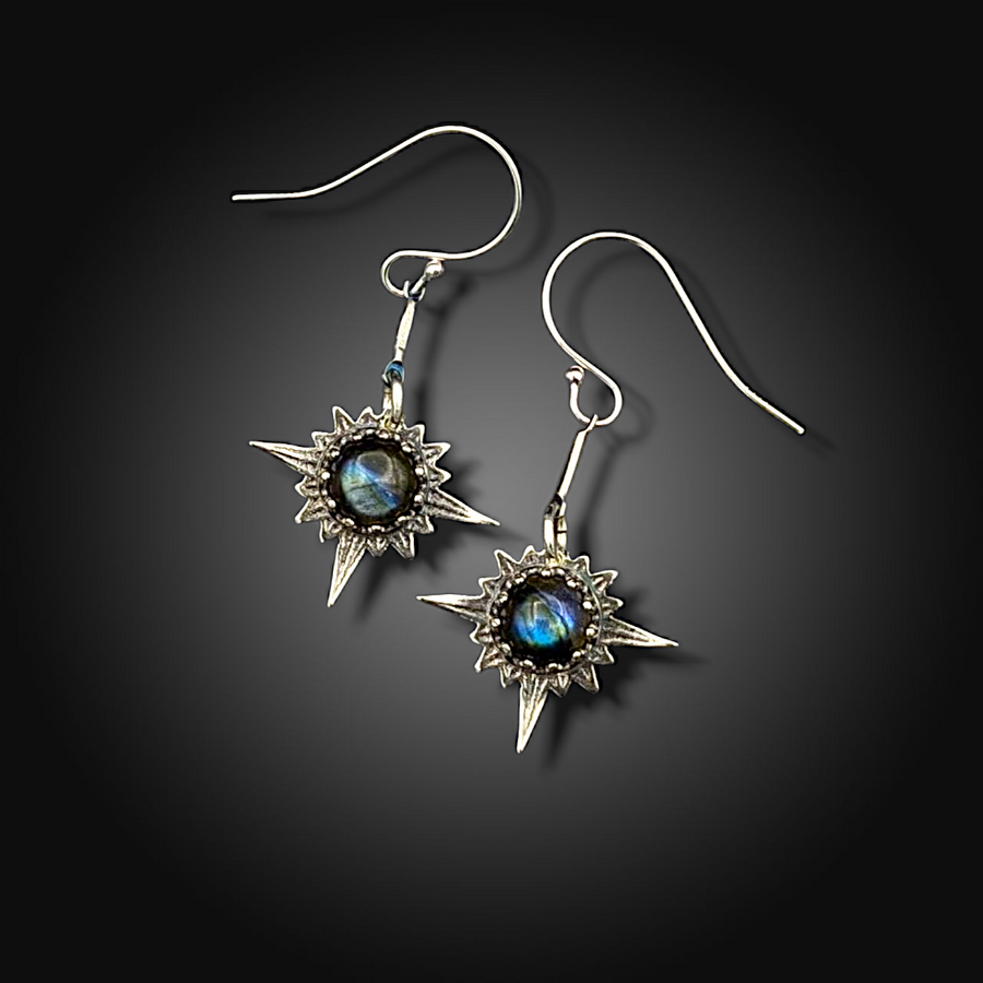 TRUE NORTH: Hand-Etched Sterling Silver Earrings with Labradorite