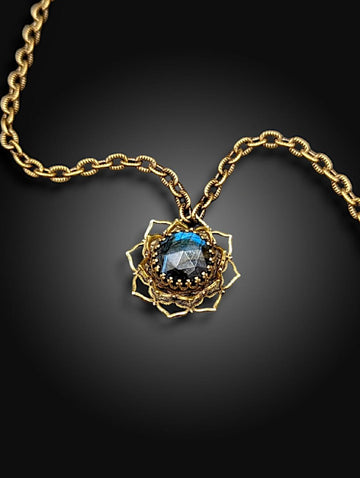 AMAZING BLUE FLASH LABRADORITE brass flower mandala necklace