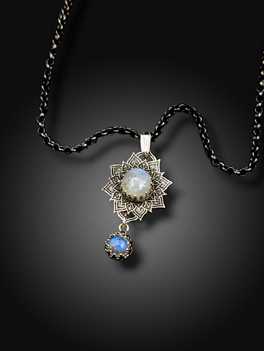 intricate sterling silver flower mandala necklace with moonstone