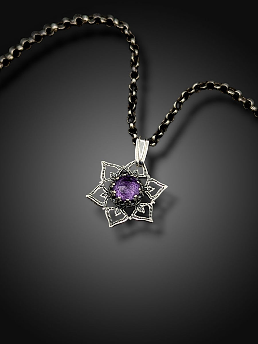 ** RESERVED FOR STEPHANIE** sterling silver flower mandala necklace with amethyst