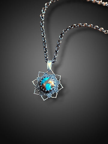 ** RESERVED FOR RY** sterling silver flower mandala necklace with Mojave turquoise