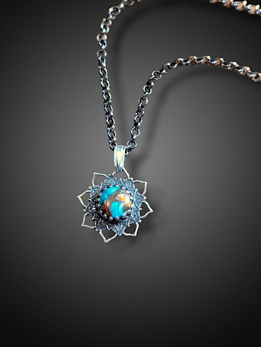 ** RESERVED FOR RY** sterling silver flower mandala necklace with Mojave turquoise