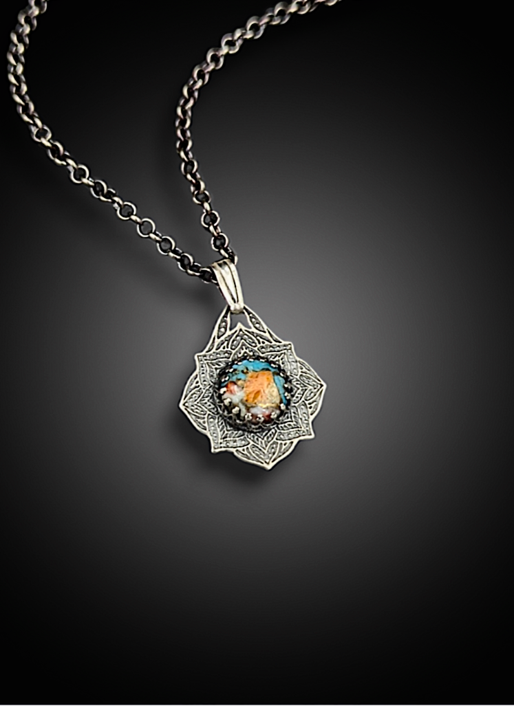 **RESERVED FOR RYANNE** sterling silver mandala necklace with Mojave Turquoise