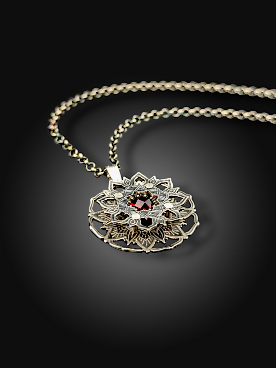 **RESERVED FOR REYNALDO** sterling silver flower mandala necklace with garnet