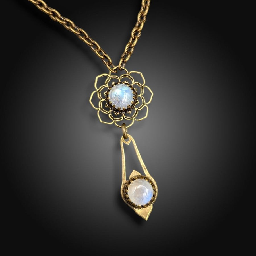 Brass flower mandala necklace with rainbow moonstone