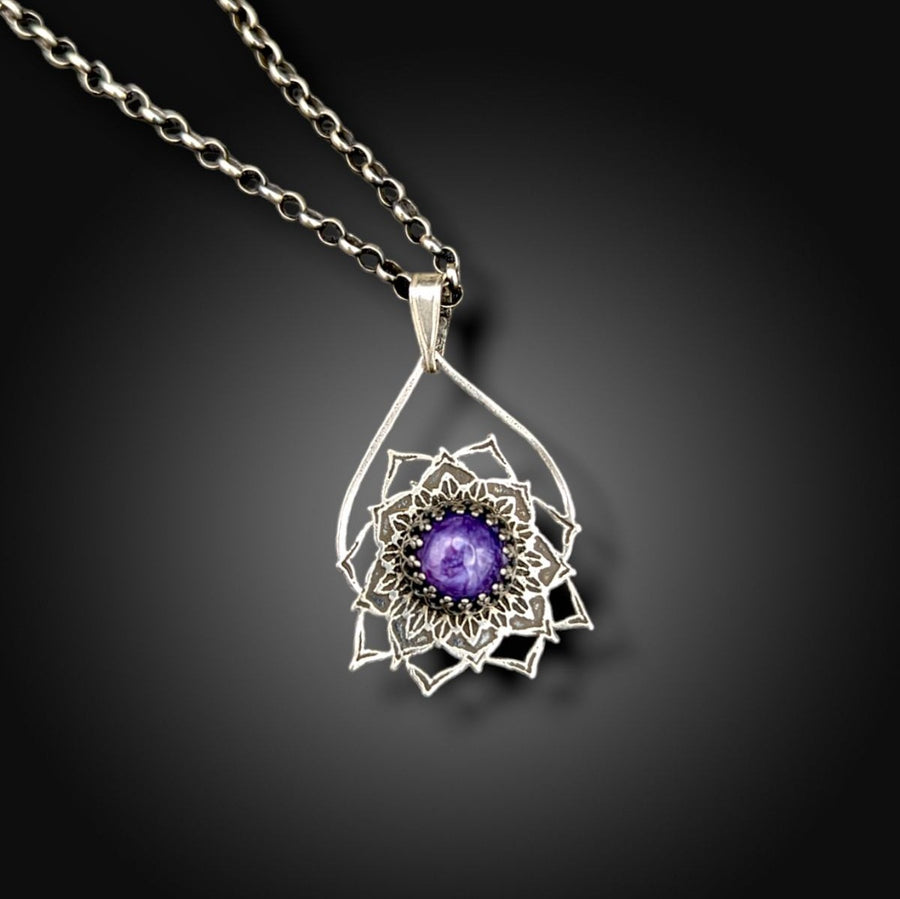 sterling silver mandala necklace with charoite