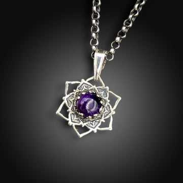 sterling silver flower mandala necklace with amethyst