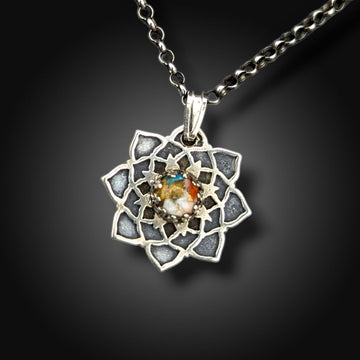 sterling silver flower mandala necklace with mojave turquoise