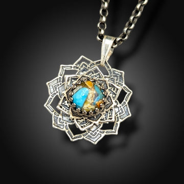 spinning sterling mandala necklace with mojave turquoise