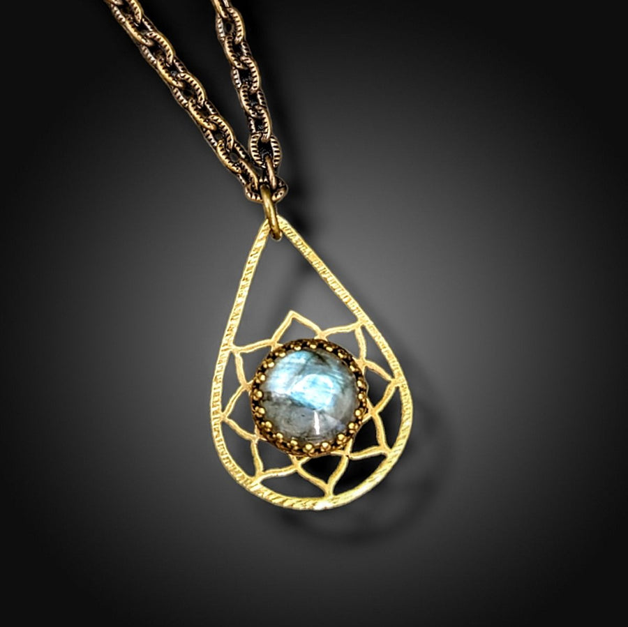 brass teardrop necklace with labradorite