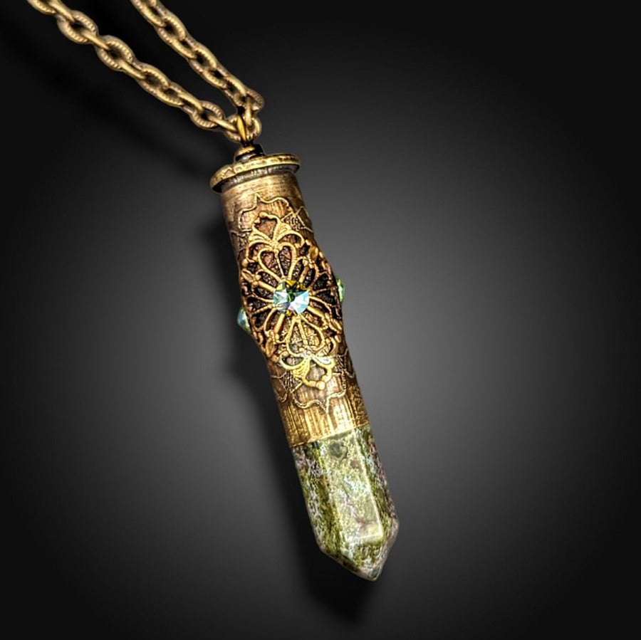 etched bullet casing necklace with dragon's blood jasper
