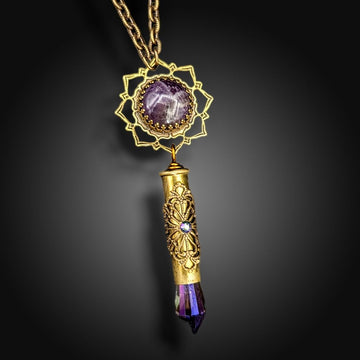 etched flower mandala necklace with amethyst