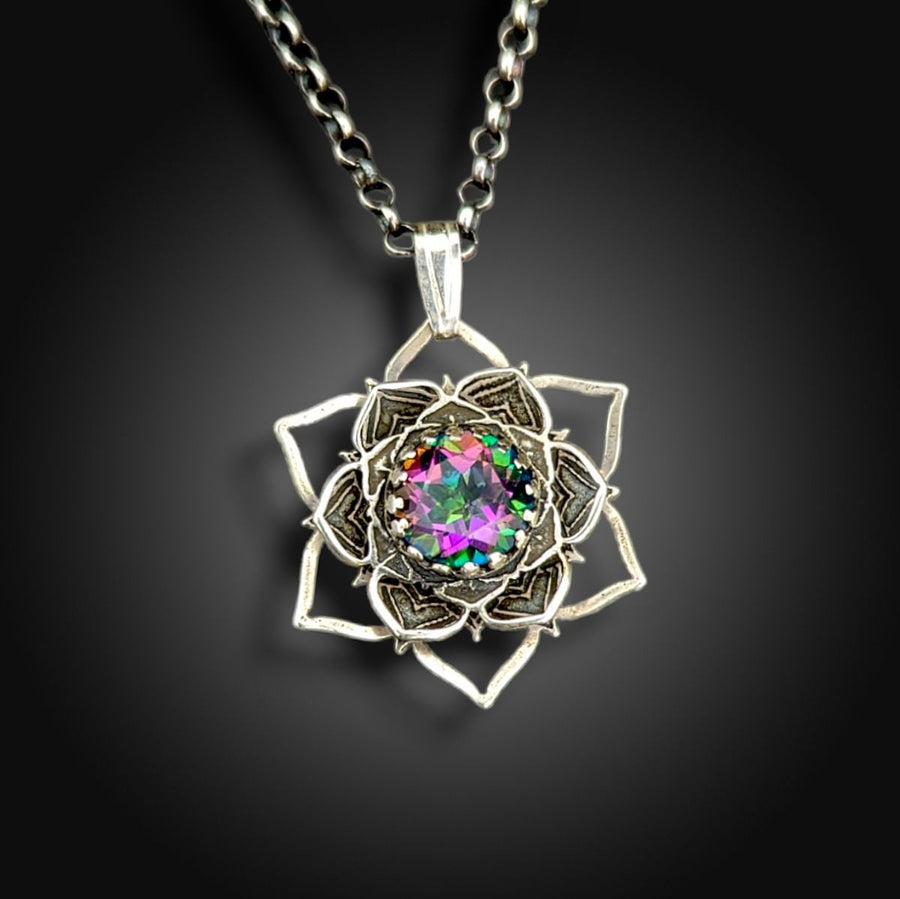sterling silver mandala necklace with mystic topaz