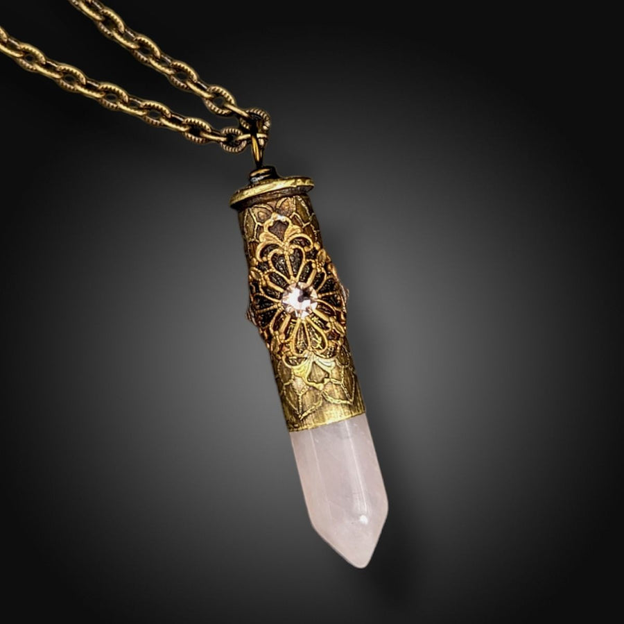 etched bullet casing necklace with rose quartz