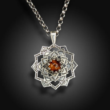 sterling silver mandala necklace with amber