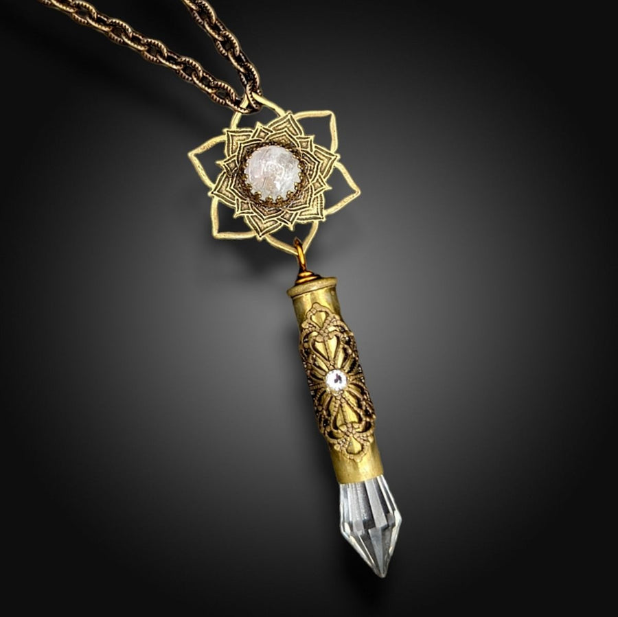 etched flower mandala necklace with moonstone
