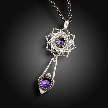 sterling silver flower mandala necklace with African amethyst