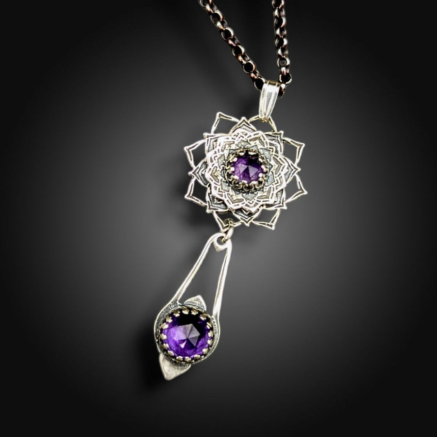 sterling silver flower mandala necklace with African amethyst