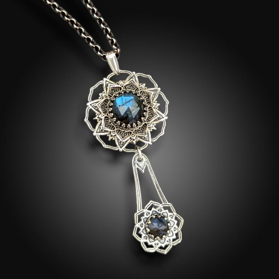 sterling silver flower mandala necklace with labradorite