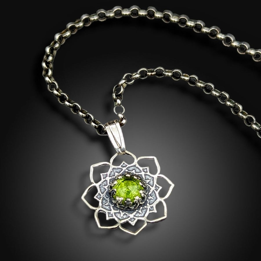 sterling silver flower mandala necklace with peridot