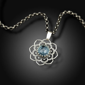 sterling silver flower mandala necklace with aquamarine